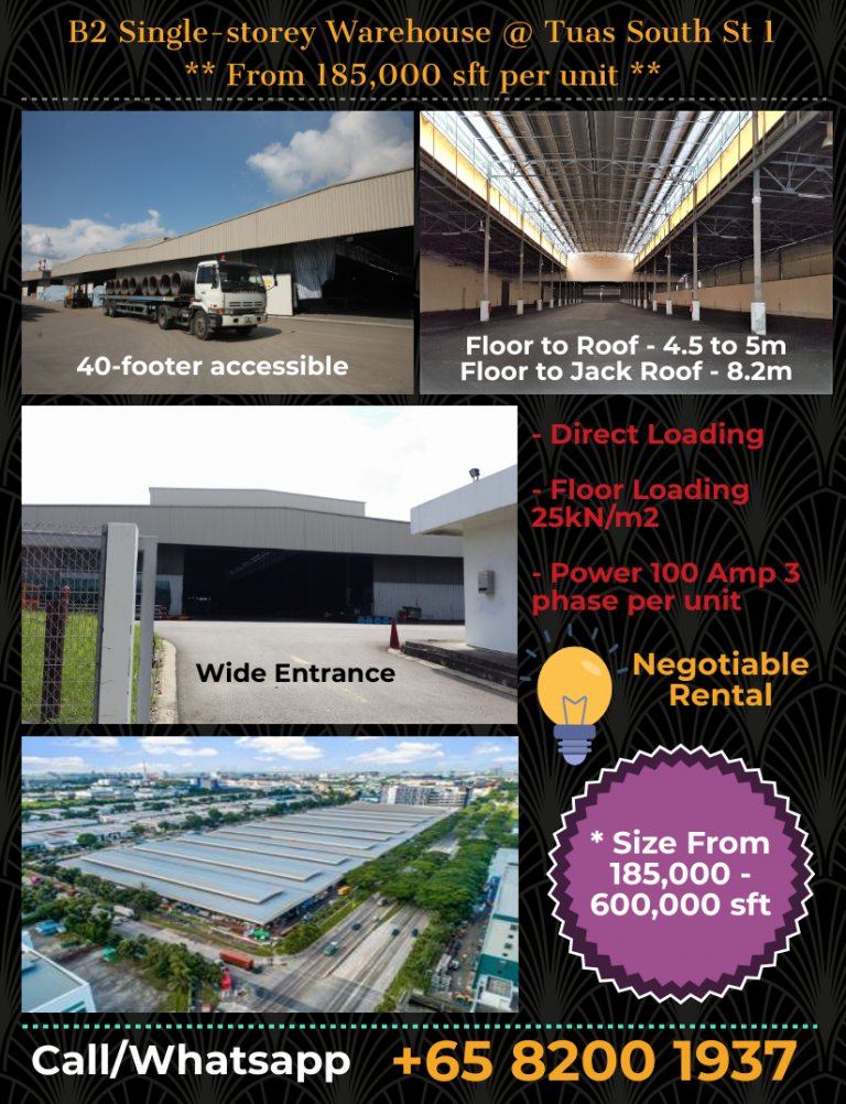 Large single-storey warehouse for rent at Tuas South St 1