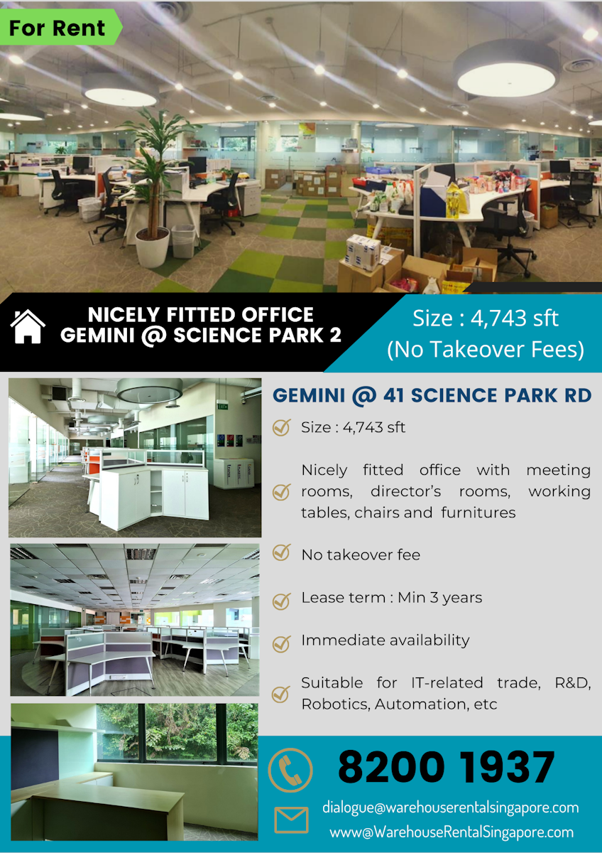 Fitted office space for rent at The Gemini @ Science Park 2